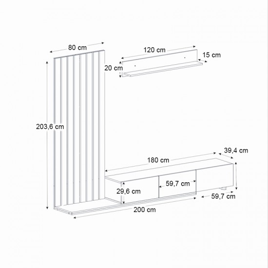Σύνθεση τηλεόρασης Nagini χρώμα ivory - sapphire oak - ανθρακί 260x39,4x203,6εκ.