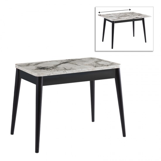 Τραπέζι Dolunay επεκτεινόμενο χρώμα λευκό εφέ μαρμάρου - μαύρο 100x60(120x100)x79,5εκ.