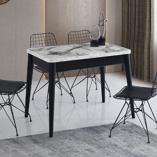 Τραπέζι Dolunay επεκτεινόμενο χρώμα λευκό εφέ μαρμάρου - μαύρο 100x60(120x100)x79,5εκ.