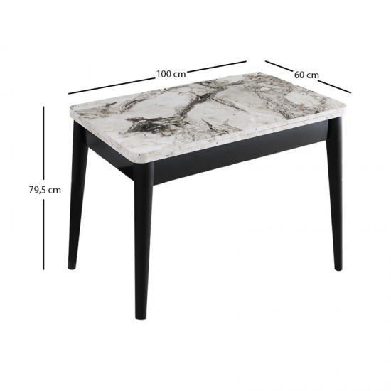 Τραπέζι Dolunay επεκτεινόμενο χρώμα λευκό εφέ μαρμάρου - μαύρο 100x60(120x100)x79,5εκ.