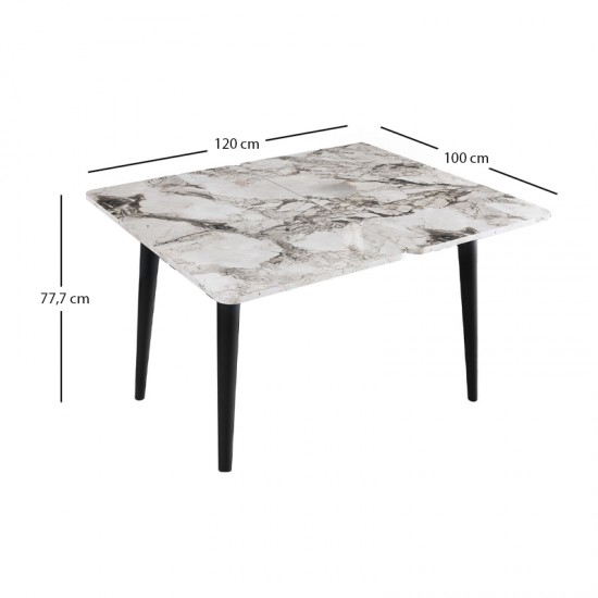 Τραπέζι Dolunay επεκτεινόμενο χρώμα λευκό εφέ μαρμάρου - μαύρο 100x60(120x100)x79,5εκ.