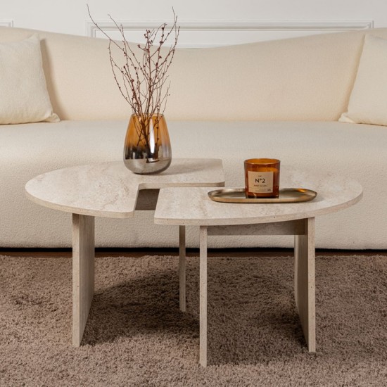 Τραπεζάκι σαλονιού σετ 2 τμχ Moira χρώμα travertine Ø90x41εκ.