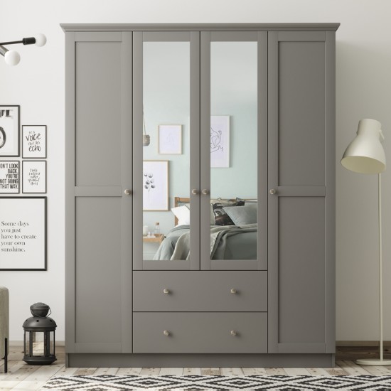 Ντουλάπα ρούχων Emily τετράφυλλη με καθρέπτη και συρτάρια χρώμα ανθρακί 140x50x210εκ.