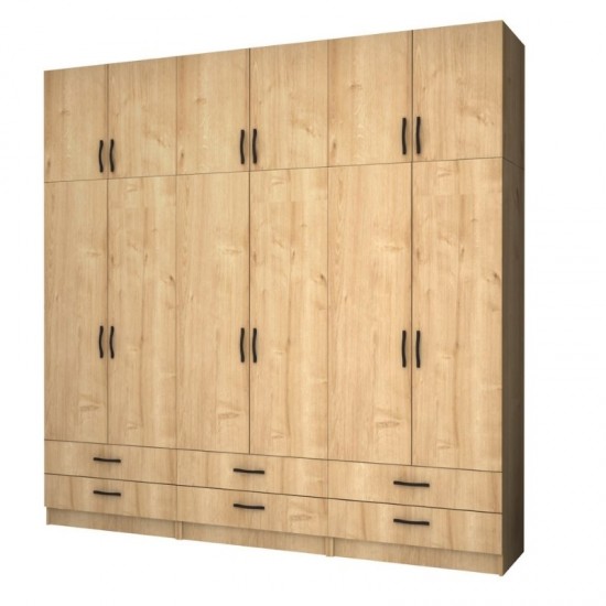 Ντουλάπα ρούχων Ricardo εξάφυλλη με πατάρι χρώμα φυσικό οξιάς 240x51,8x240εκ.