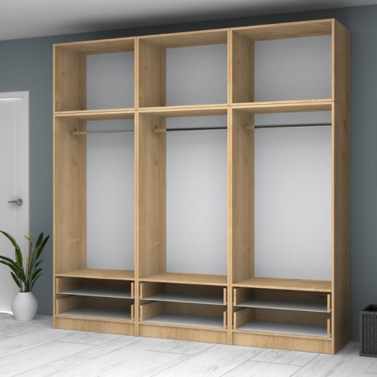 Ντουλάπα ρούχων Ricardo εξάφυλλη με πατάρι χρώμα φυσικό οξιάς 240x51,8x240εκ.