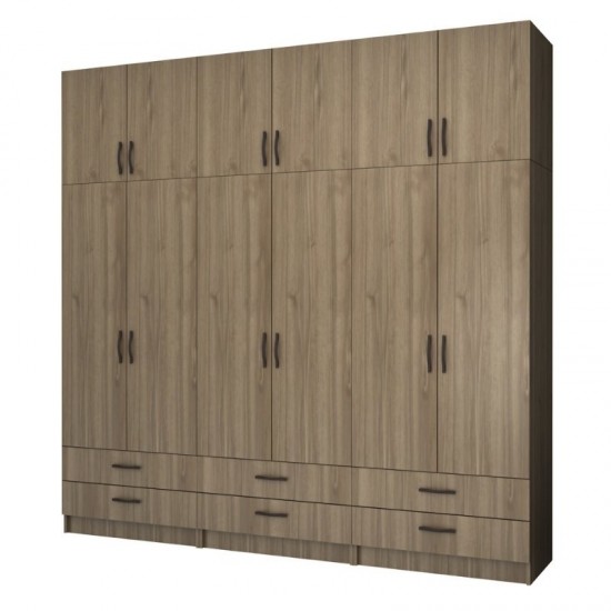 Ντουλάπα ρούχων Ricardo εξάφυλλη με πατάρι χρώμα καρυδί 240x51,8x240εκ.