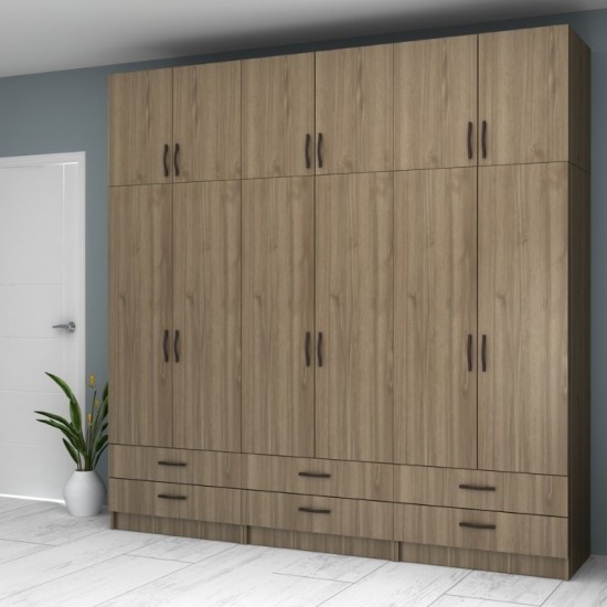 Ντουλάπα ρούχων Ricardo εξάφυλλη με πατάρι χρώμα καρυδί 240x51,8x240εκ.