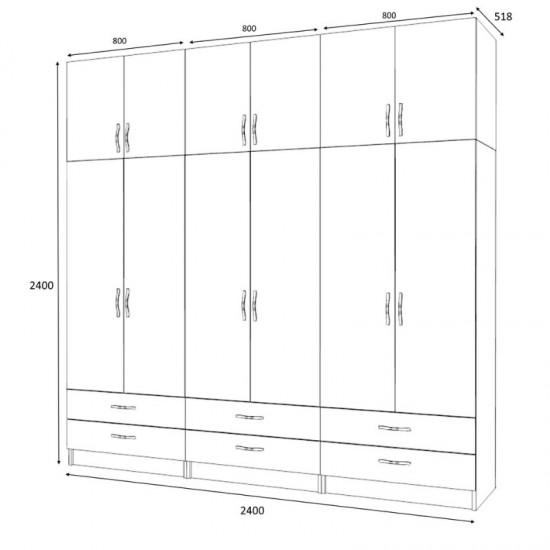 Ντουλάπα ρούχων Ricardo εξάφυλλη με πατάρι χρώμα καρυδί 240x51,8x240εκ.