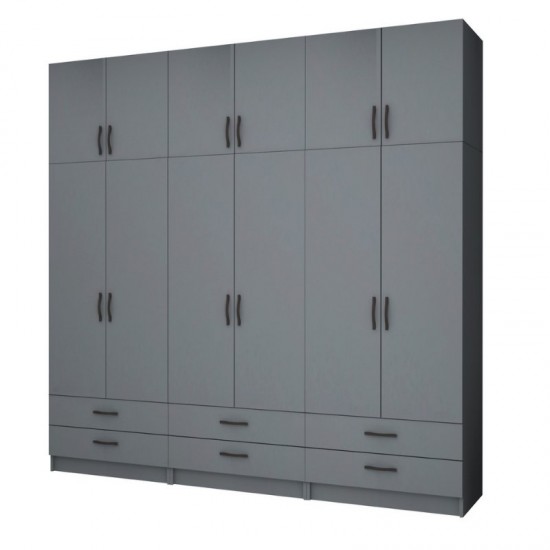 Ντουλάπα ρούχων Ricardo εξάφυλλη με πατάρι χρώμα ανθρακί 240x51,8x240εκ.