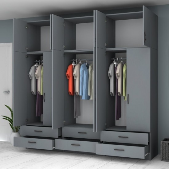 Ντουλάπα ρούχων Ricardo εξάφυλλη με πατάρι χρώμα ανθρακί 240x51,8x240εκ.