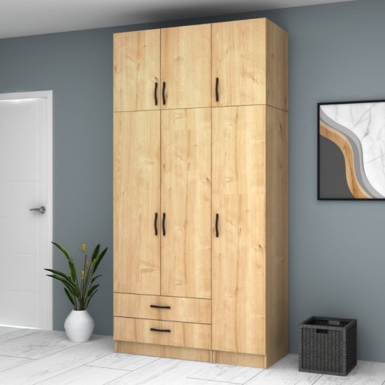 Ντουλάπα ρούχων Ricardo τρίφυλλη με πατάρι χρώμα φυσικό οξιάς 120x51,8x240εκ.