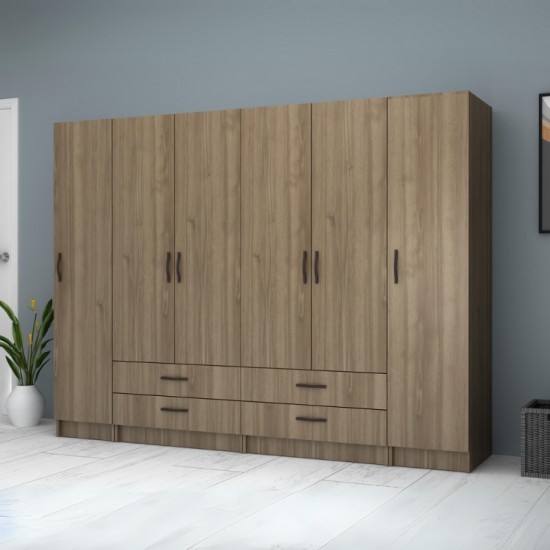 Ντουλάπα ρούχων Ricardo εξάφυλλη χρώμα καρυδί 240x51,8x181εκ.