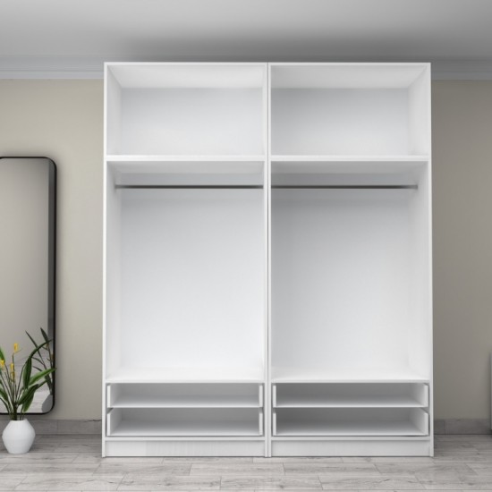 Ντουλάπα ρούχων Victoria τετράφυλλη με πατάρι και συρτάρια χρώμα λευκό 200x60x240εκ.