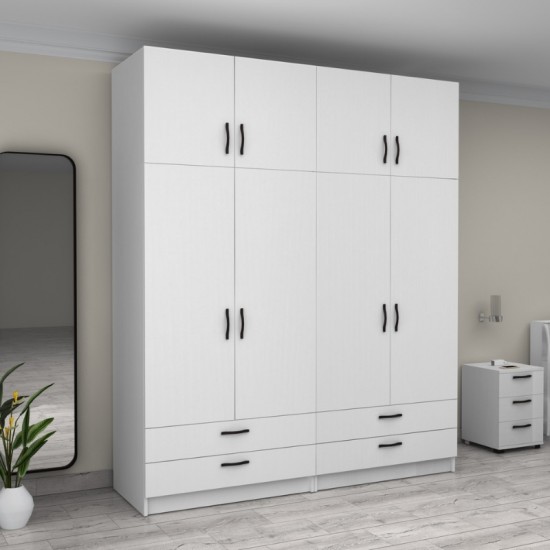 Ντουλάπα ρούχων Victoria τετράφυλλη με πατάρι και συρτάρια χρώμα λευκό 200x60x240εκ.