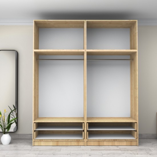 Ντουλάπα ρούχων Victoria τετράφυλλη με πατάρι και συρτάρια χρώμα φυσικό οξιάς 200x60x240εκ.