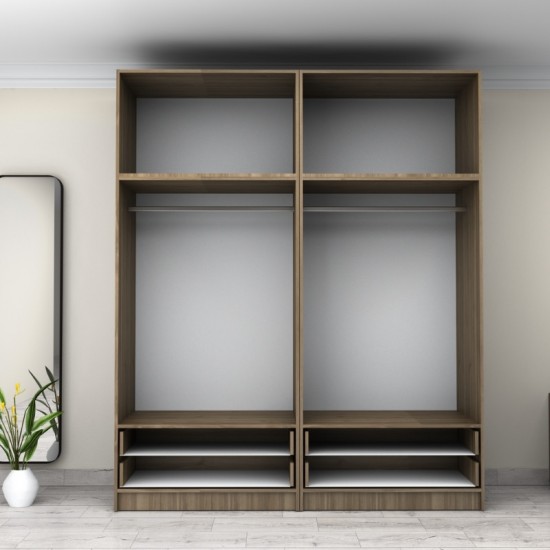 Ντουλάπα ρούχων Victoria τετράφυλλη με πατάρι και συρτάρια χρώμα καρυδί 200x60x240εκ.