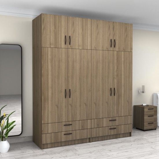 Ντουλάπα ρούχων Victoria τετράφυλλη με πατάρι και συρτάρια χρώμα καρυδί 200x60x240εκ.