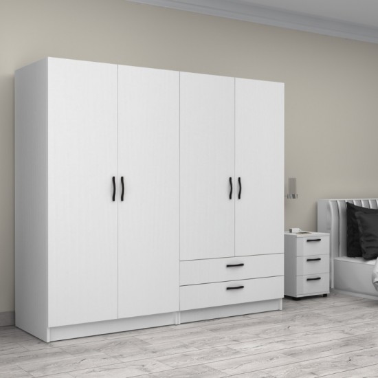 Ντουλάπα ρούχων Victoria τετράφυλλη με συρτάρια χρώμα λευκό 200x60x181εκ.