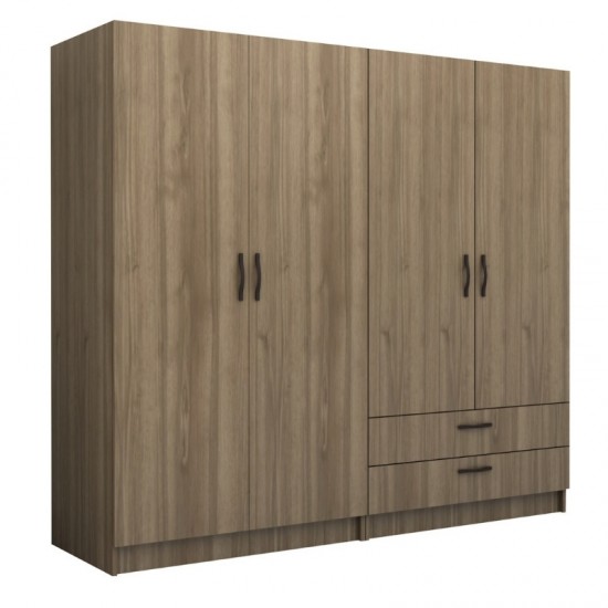 Ντουλάπα ρούχων Victoria τετράφυλλη με συρτάρια χρώμα καρυδί 200x60x181εκ.