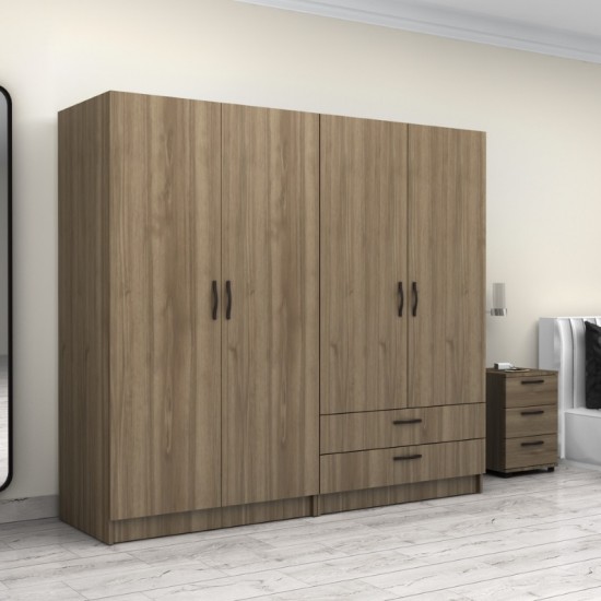 Ντουλάπα ρούχων Victoria τετράφυλλη με συρτάρια χρώμα καρυδί 200x60x181εκ.