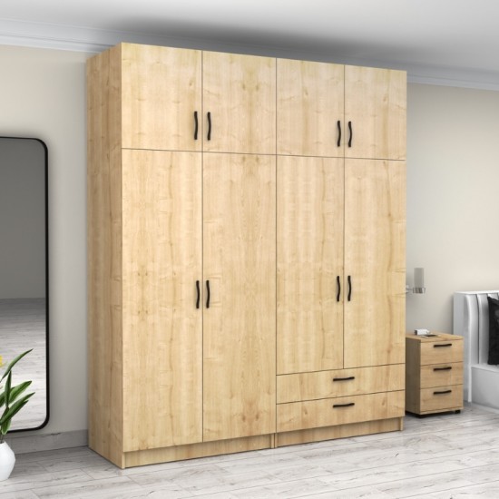 Ντουλάπα ρούχων Victoria τετράφυλλη με πατάρι και συρτάρια χρώμα φυσικό οξιάς 200x60x240εκ.