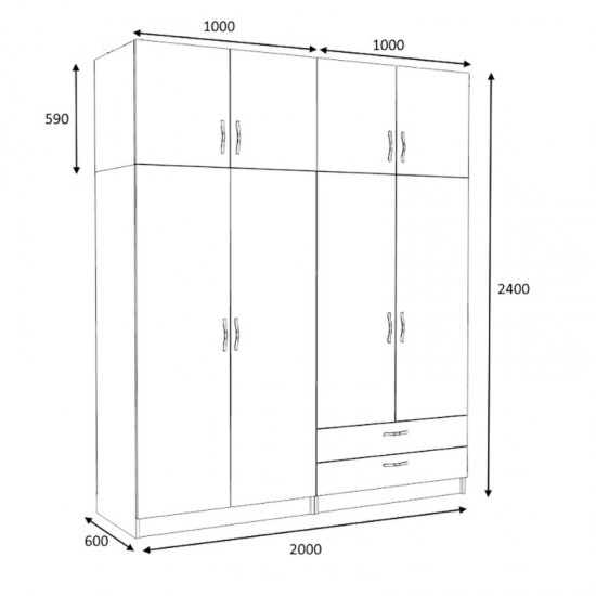 Ντουλάπα ρούχων Victoria τετράφυλλη με πατάρι και συρτάρια χρώμα φυσικό οξιάς 200x60x240εκ.