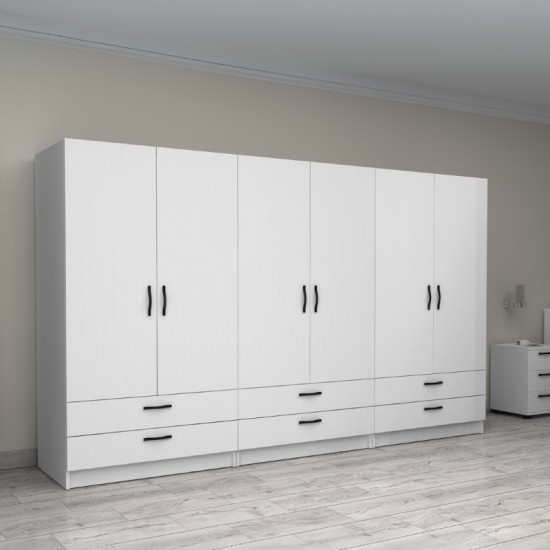 Ντουλάπα ρούχων Victoria εξάφυλλη με συρτάρια χρώμα λευκό 300x60x181εκ.