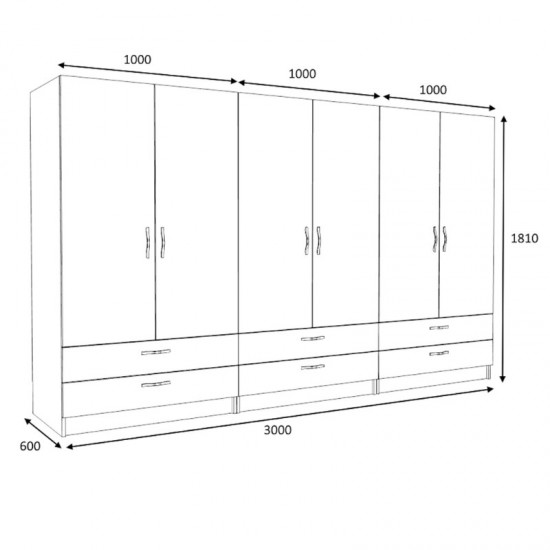 Ντουλάπα ρούχων Victoria εξάφυλλη με συρτάρια χρώμα λευκό 300x60x181εκ.