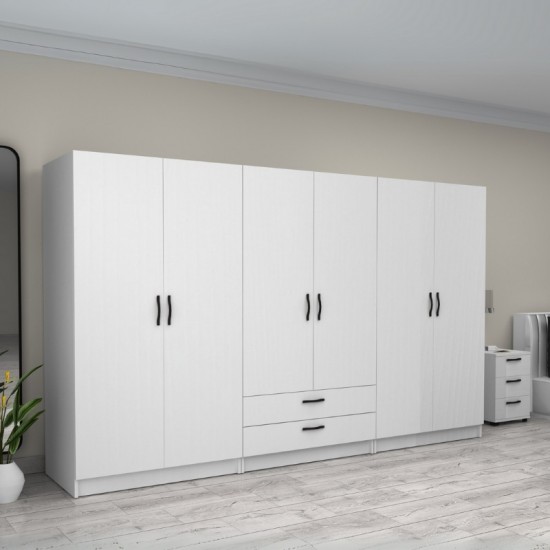 Ντουλάπα ρούχων Victoria εξάφυλλη με συρτάρια χρώμα λευκό 300x60x181εκ.