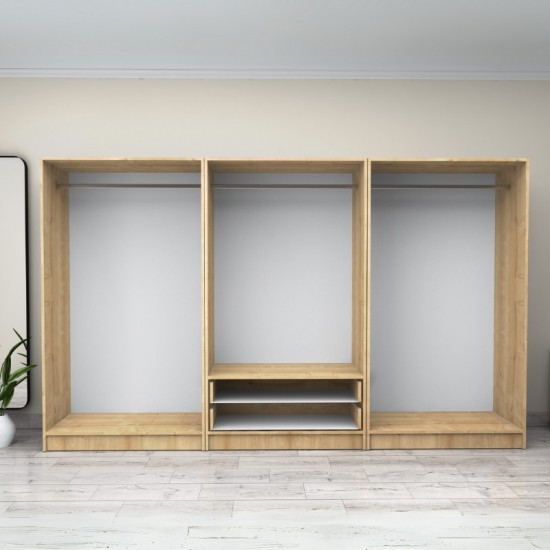 Ντουλάπα ρούχων Victoria εξάφυλλη με συρτάρια χρώμα φυσικό οξιάς 300x60x181εκ.