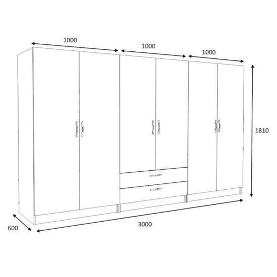 Ντουλάπα ρούχων Victoria εξάφυλλη με συρτάρια χρώμα φυσικό οξιάς 300x60x181εκ.