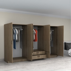 Ντουλάπα ρούχων Victoria εξάφυλλη με συρτάρια χρώμα καρυδί 300x60x181εκ.