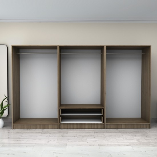 Ντουλάπα ρούχων Victoria εξάφυλλη με συρτάρια χρώμα καρυδί 300x60x181εκ.