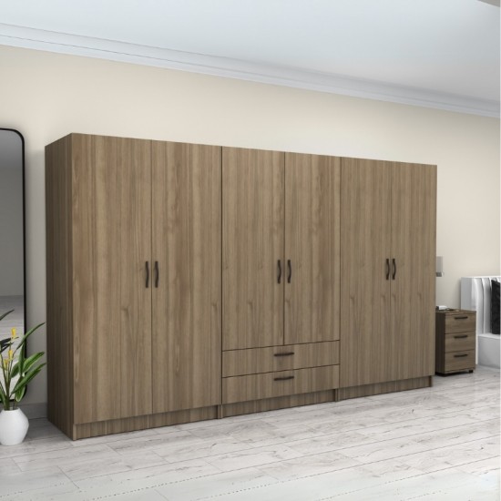 Ντουλάπα ρούχων Victoria εξάφυλλη με συρτάρια χρώμα καρυδί 300x60x181εκ.