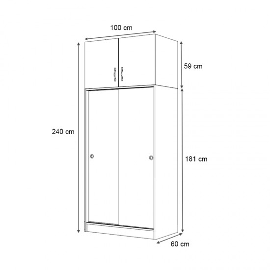 Ντουλάπα ρούχων Regio δίφυλλη συρόμενη με πατάρι χρώμα καρυδί 100x60x240εκ.