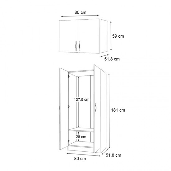 Ντουλάπα ρούχων Vivian δίφυλλη με πατάρι χρώμα φυσικό οξιάς 80x51,8x240εκ.