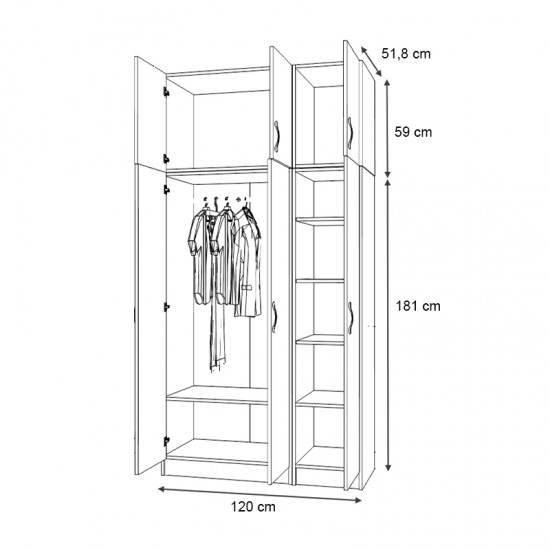 Ντουλάπα ρούχων Vivian τρίφυλλη με πατάρι χρώμα καρυδί 120x51,8x240εκ.