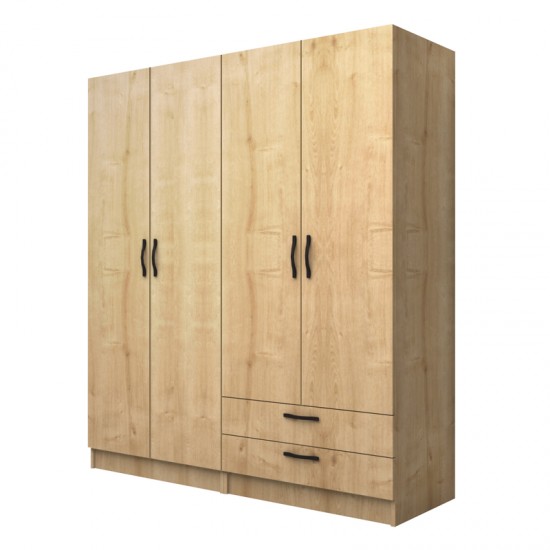Ντουλάπα ρούχων Vivian τετράφυλλη με συρτάρια χρώμα φυσικό οξιάς 160x51,8x181εκ.