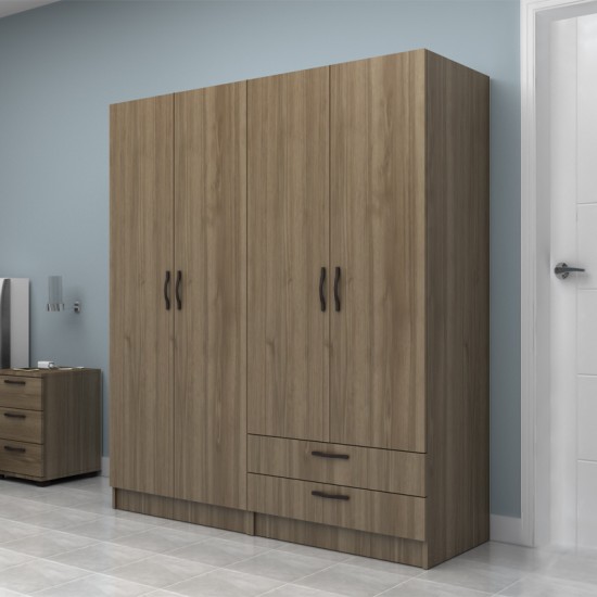 Ντουλάπα ρούχων Vivian τετράφυλλη με συρτάρια χρώμα καρυδί 160x51,8x181εκ.