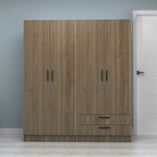 Ντουλάπα ρούχων Vivian τετράφυλλη με συρτάρια χρώμα καρυδί 160x51,8x181εκ.