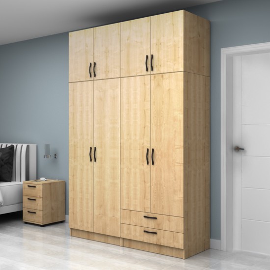 Ντουλάπα ρούχων Vivian τετράφυλλη με πατάρι και συρτάρια χρώμα φυσικό οξιάς 160x51,8x240εκ.