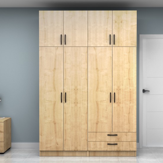 Ντουλάπα ρούχων Vivian τετράφυλλη με πατάρι και συρτάρια χρώμα φυσικό οξιάς 160x51,8x240εκ.