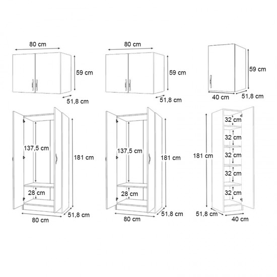 Ντουλάπα ρούχων Vivian πεντάφυλλη με πατάρι χρώμα καρυδί 200x51,8x240εκ.