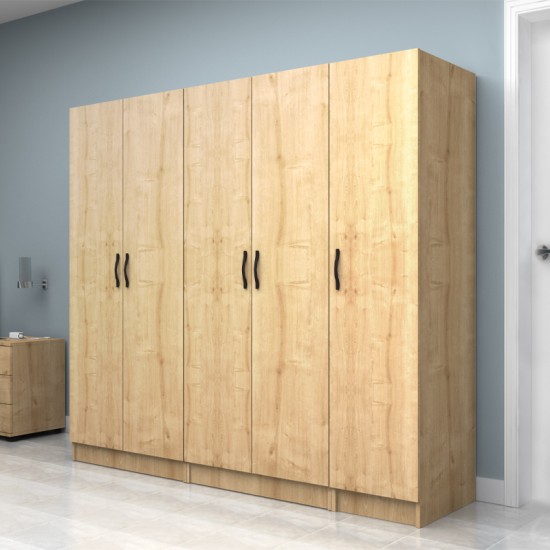 Ντουλάπα ρούχων Vivian πεντάφυλλη χρώμα φυσικό οξιάς 200x51,8x181εκ.