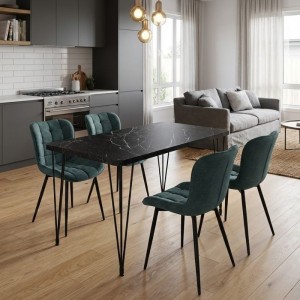 Σετ τραπεζαρία 5τμχ Roger - Chiara Mdf - ύφασμα χρώμα μαύρο εφέ μαρμάρου - πράσινο 120x70x75εκ.