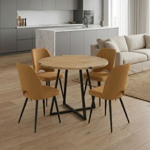 Σετ τραπεζαρία 5τμχ Rubes - Christy  χρώμα φυσικό οξιάς - μουσταρδί Ø100x78εκ.