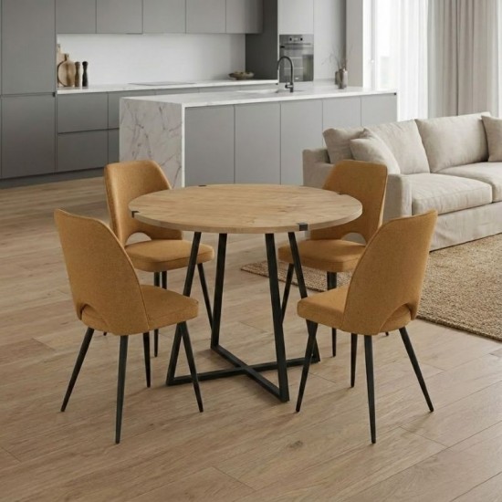 Σετ τραπεζαρία 5τμχ Rubes - Christy  χρώμα φυσικό οξιάς - μουσταρδί Ø100x78εκ.