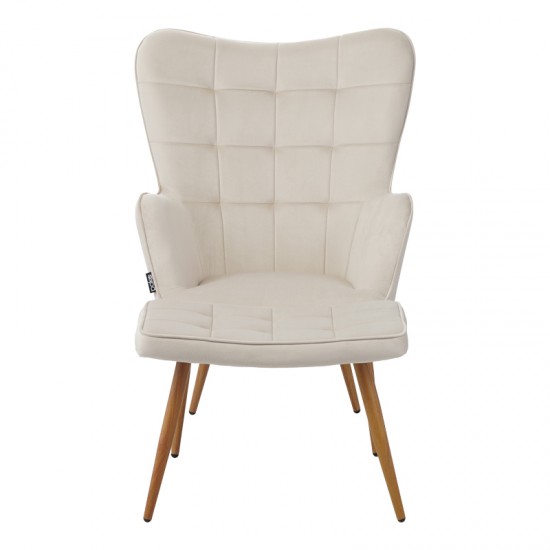 Πολυθρόνα Maddison με υποπόδιο-μαξιλάρι κρεμ βελούδο-πόδι φυσικό 68x72x98εκ