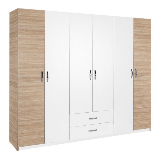 Ντουλάπα ρούχων Dormie εξάφυλλη με συρτάρια σε λευκή απόχρωση 206x52x213εκ