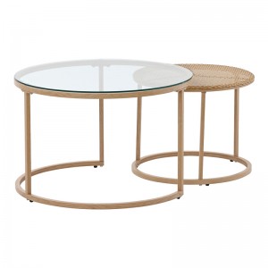 Τραπέζια σαλονιού Beatrice σετ 2τεμ γυαλί-φυσικό rattan-φυσικό μέταλλο